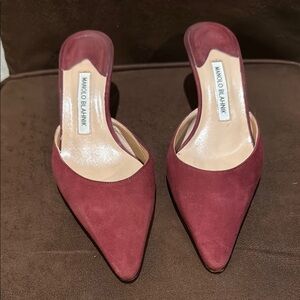 Manolo Blahnik Burgundy Suede Kitten Mules